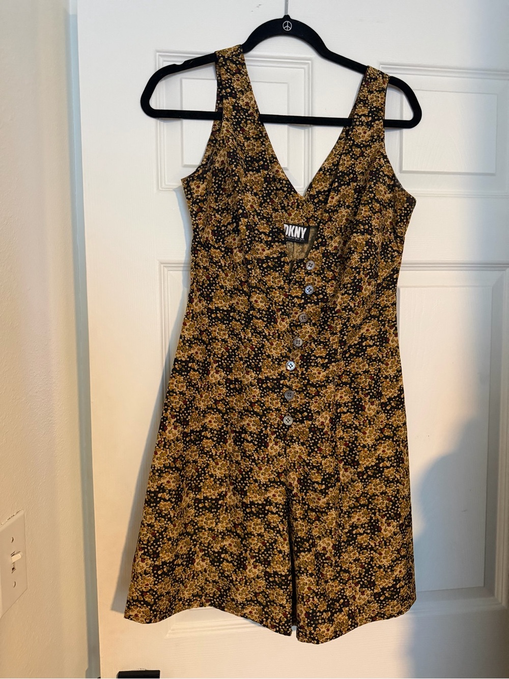 DKNY Black and Mustard Floral Button-Front Mini Dress